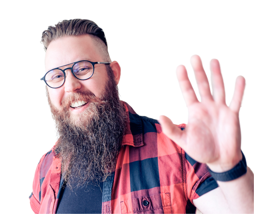 Portrait of John Wayne Hill (a San Francisco based Product Designer) waving to the camera