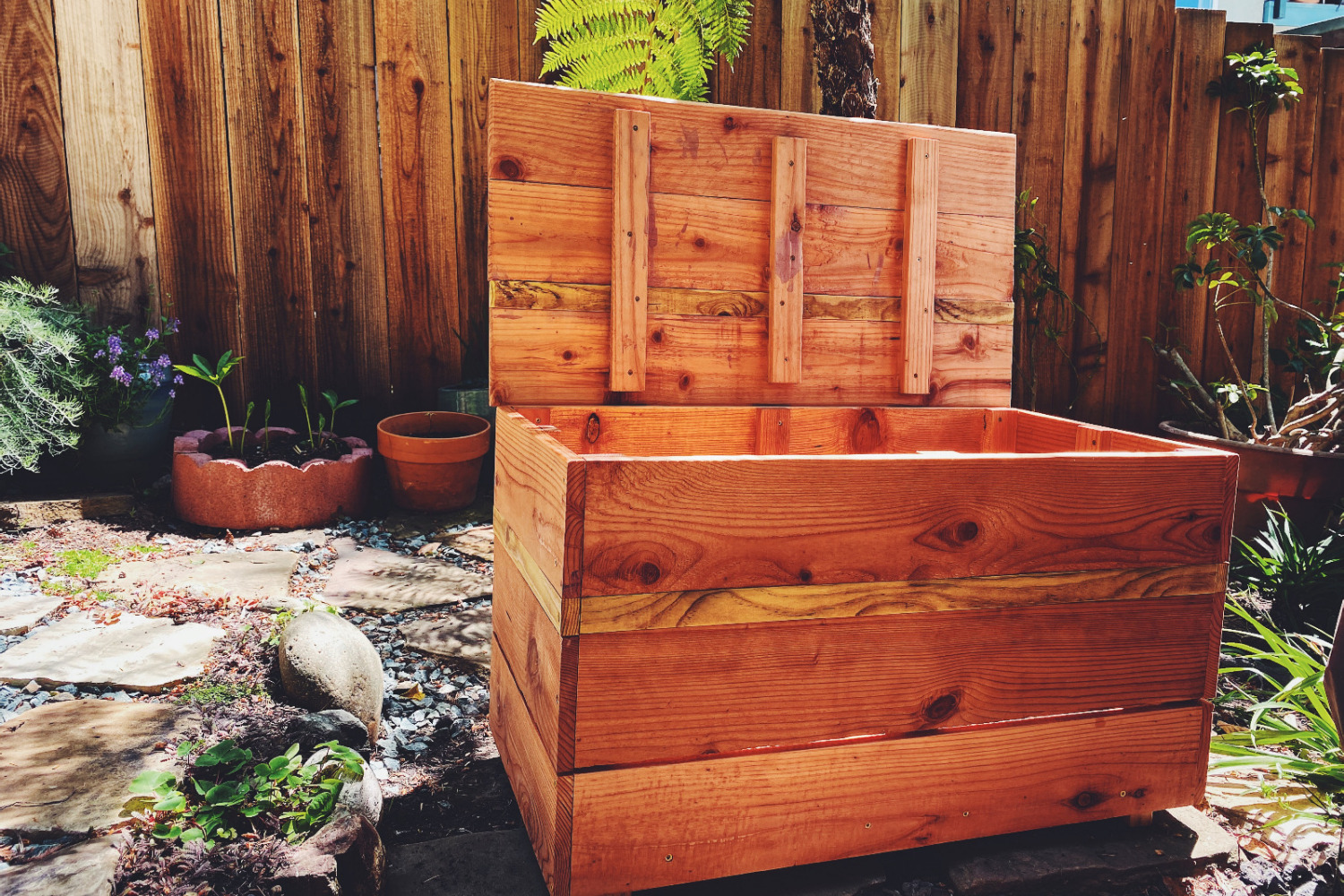 Outdoor storage container made from Coastal Redwood